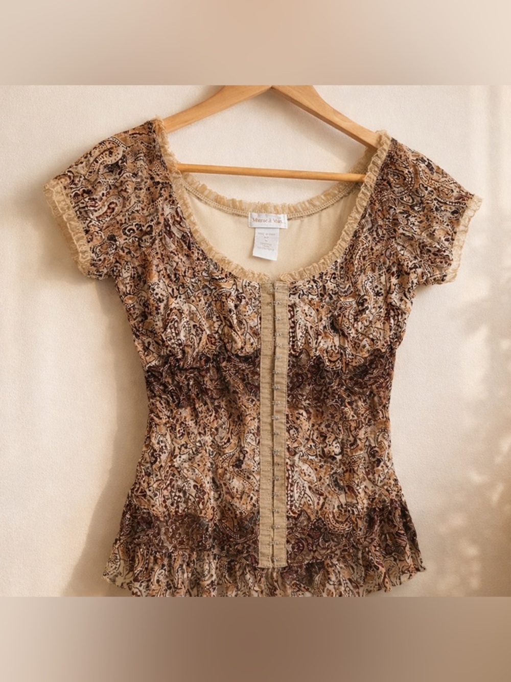 Monroe & Main Beige Brown BohoPaisley Ruffle-Trim Blouse Peplum